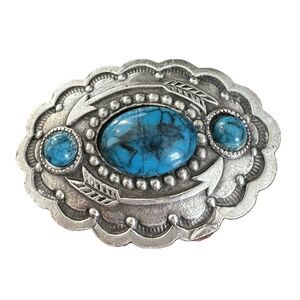 Vintage Western Style Turquoise Costume Brooch Southwestern Silver Engraved